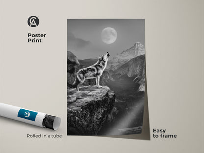 Rustic wildlife wall art arrives as a poster print rolled in a tube. This monochrome wolf canvas is easy to frame. Perfect as a wolf lover gift idea or for bedroom nature decor. The howling wolf poster captures a moonlit mountain landscape. Bring the untamed beauty of the natural world into your home.