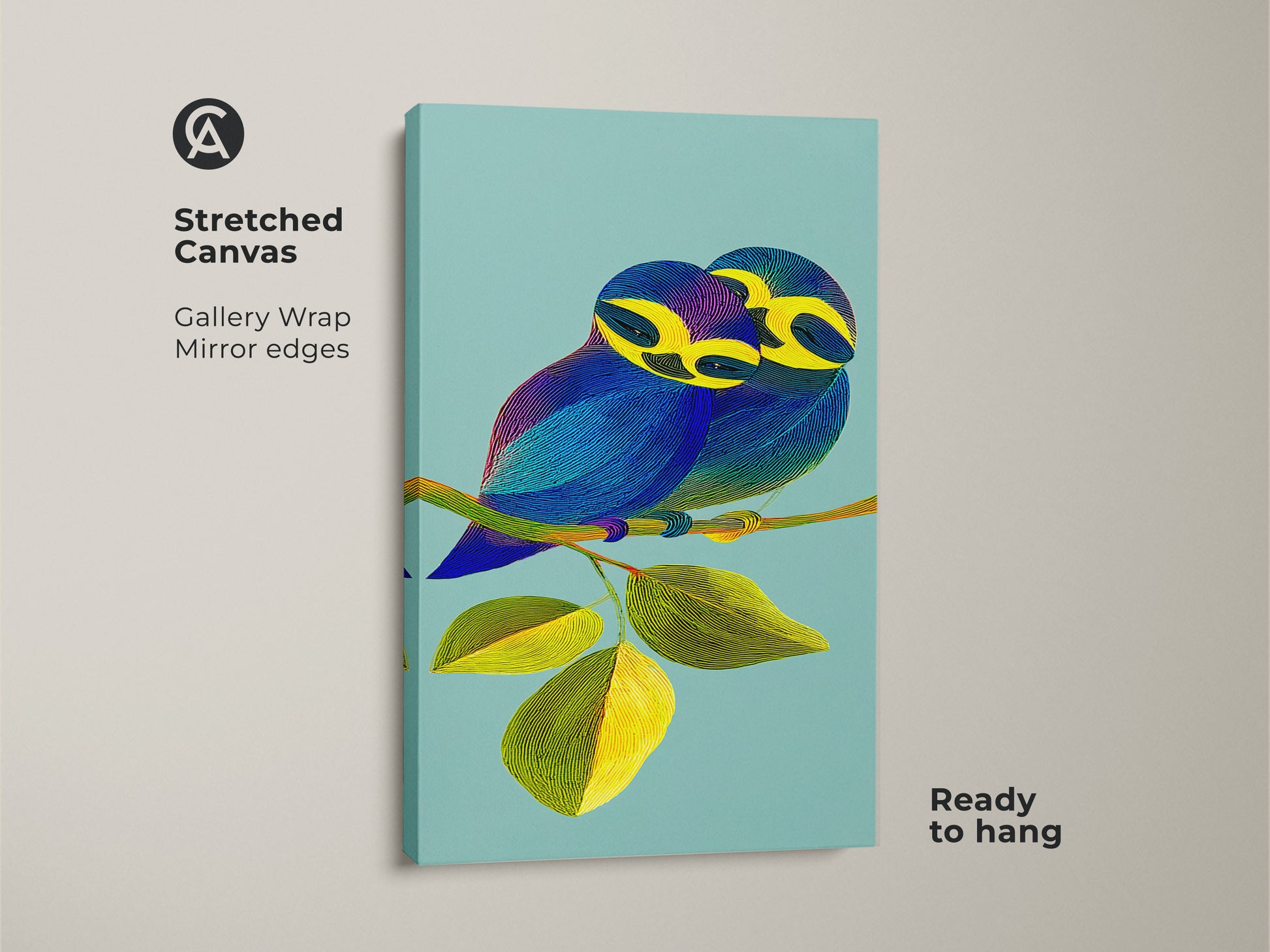 This stretched canvas print features a line art bird couple perched on a branch. The gallery wrap with mirrored edges enhances the contemporary artwork. It's ready to hang and brings a unique flair to any room. The teal background complements the vibrant yellow leaves and blue bird palette of this animal lover's art piece.