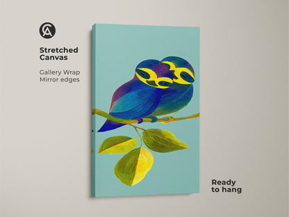This stretched canvas print features a line art bird couple perched on a branch. The gallery wrap with mirrored edges enhances the contemporary artwork. It's ready to hang and brings a unique flair to any room. The teal background complements the vibrant yellow leaves and blue bird palette of this animal lover's art piece.