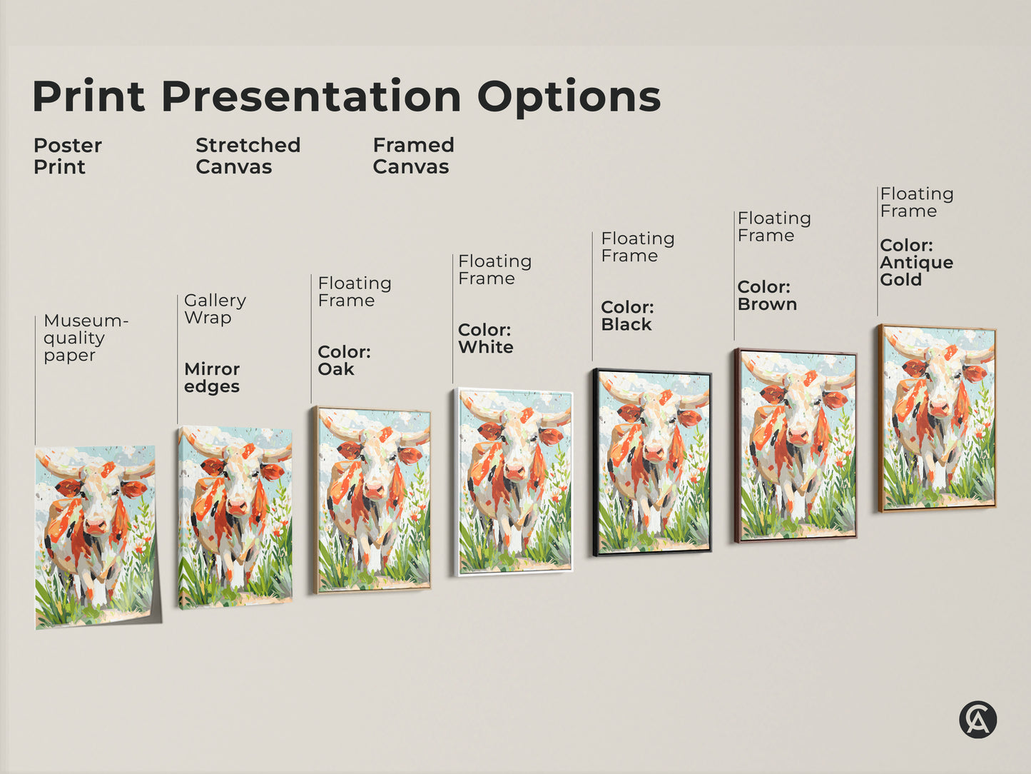 Explore diverse print options for longhorn cow artwork. Choose from poster prints stretched canvases or framed canvases. Select a floating frame in various colors. Find the perfect art for your space.