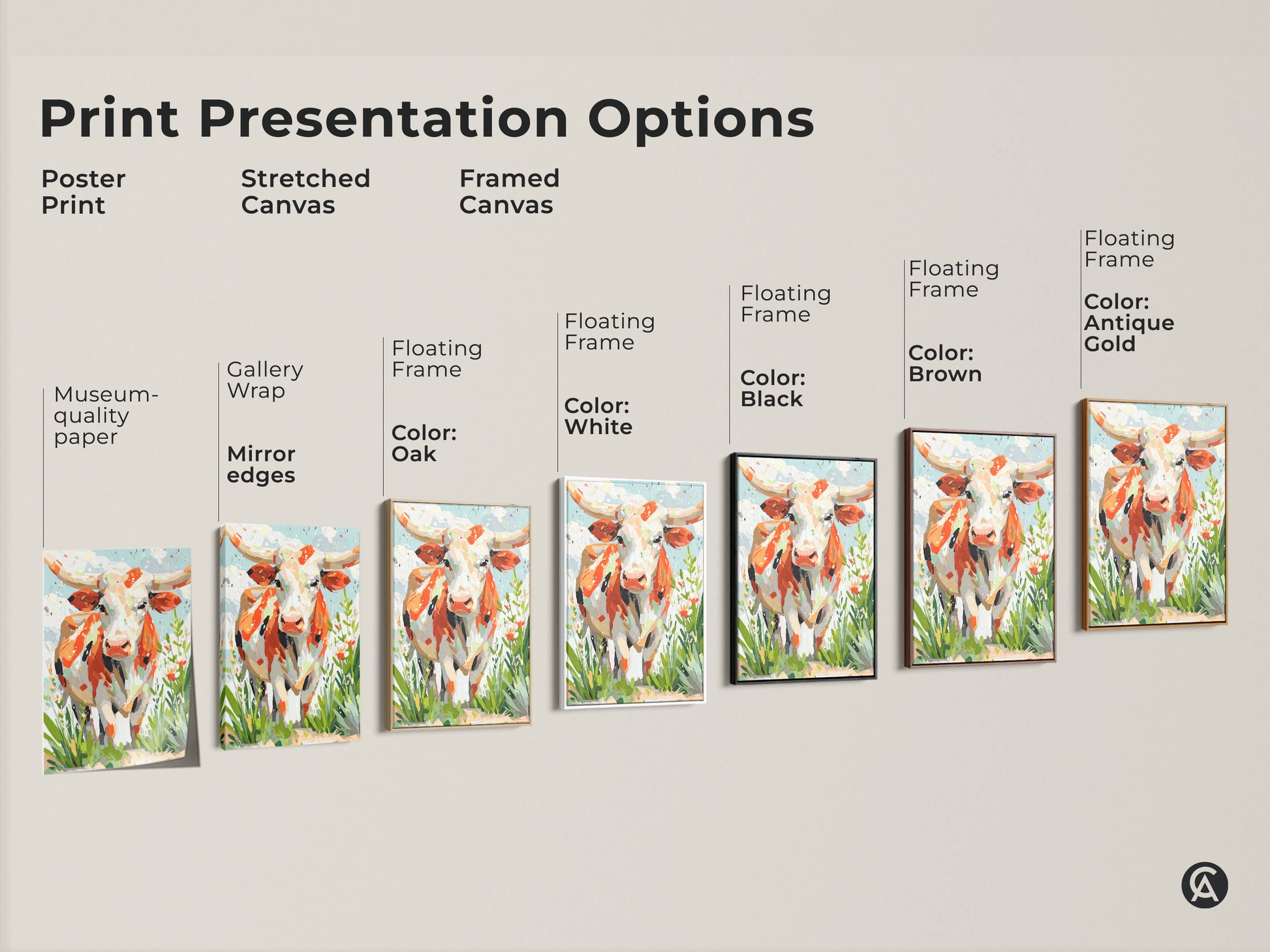 Explore diverse print options for longhorn cow artwork. Choose from poster prints stretched canvases or framed canvases. Select a floating frame in various colors. Find the perfect art for your space.