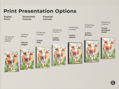 Explore diverse print options for longhorn cow artwork. Choose from poster prints stretched canvases or framed canvases. Select a floating frame in various colors. Find the perfect art for your space.
