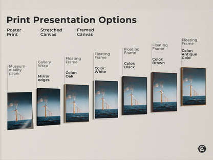 Print Presentation Options for Moonlit Ocean Wind Turbine Art. Choose from poster print stretched canvas or framed canvas in various styles. Each option features a modern minimalist seascape with offshore wind turbines under a moonlit sky. Perfect eco-friendly decor.
