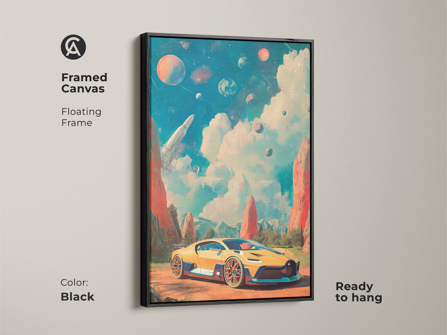 This framed canvas features a yellow sports car and rocket ship in a surreal space scene. The brown floating frame adds warmth to the retro futurism artwork. Ready to hang. The automotive art complements any game room or office decor.