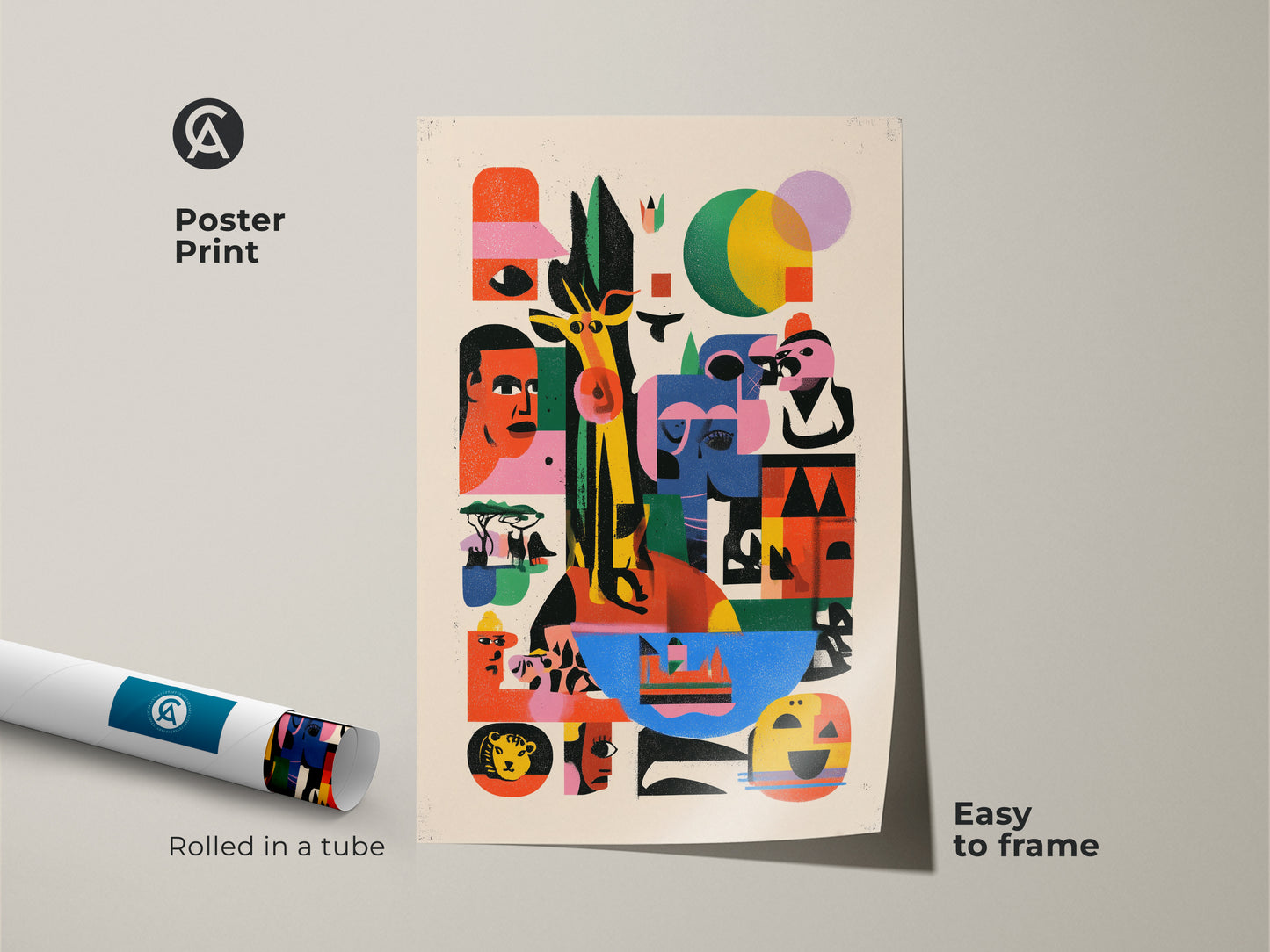 Find this abstract giraffe art print rolled in a tube. This modern folk wildlife wall art is easy to frame. It's colorful animal wall decor and geometric abstract art. A vibrant wildlife artwork makes a great housewarming gift for a friend.