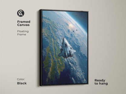 Framed canvas art featuring a futuristic spaceship above Earth. The black floating frame enhances the sci-fi digital art. Ready to hang this piece adds cosmic wonder to any room. Perfect for a modern office or home this space exploration artwork is astronomy inspired.