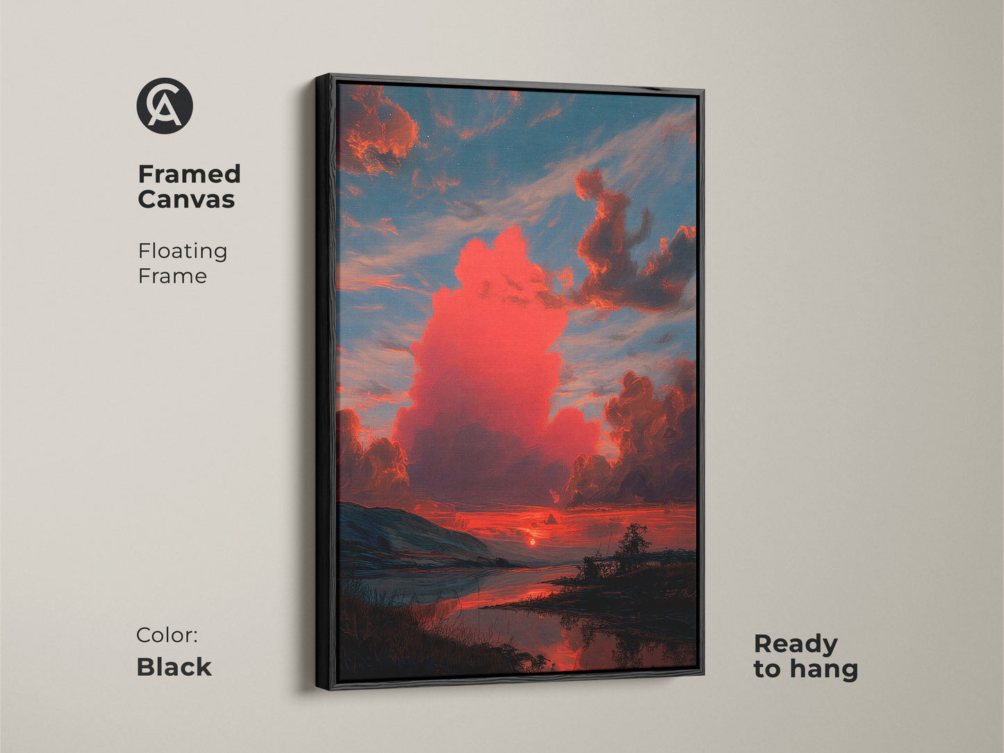A framed canvas displays dramatic crimson sunset artwork. A black floating frame enhances the contemporary nature decor. Ready to hang this teal landscape wall art brings scenic beauty to your home.