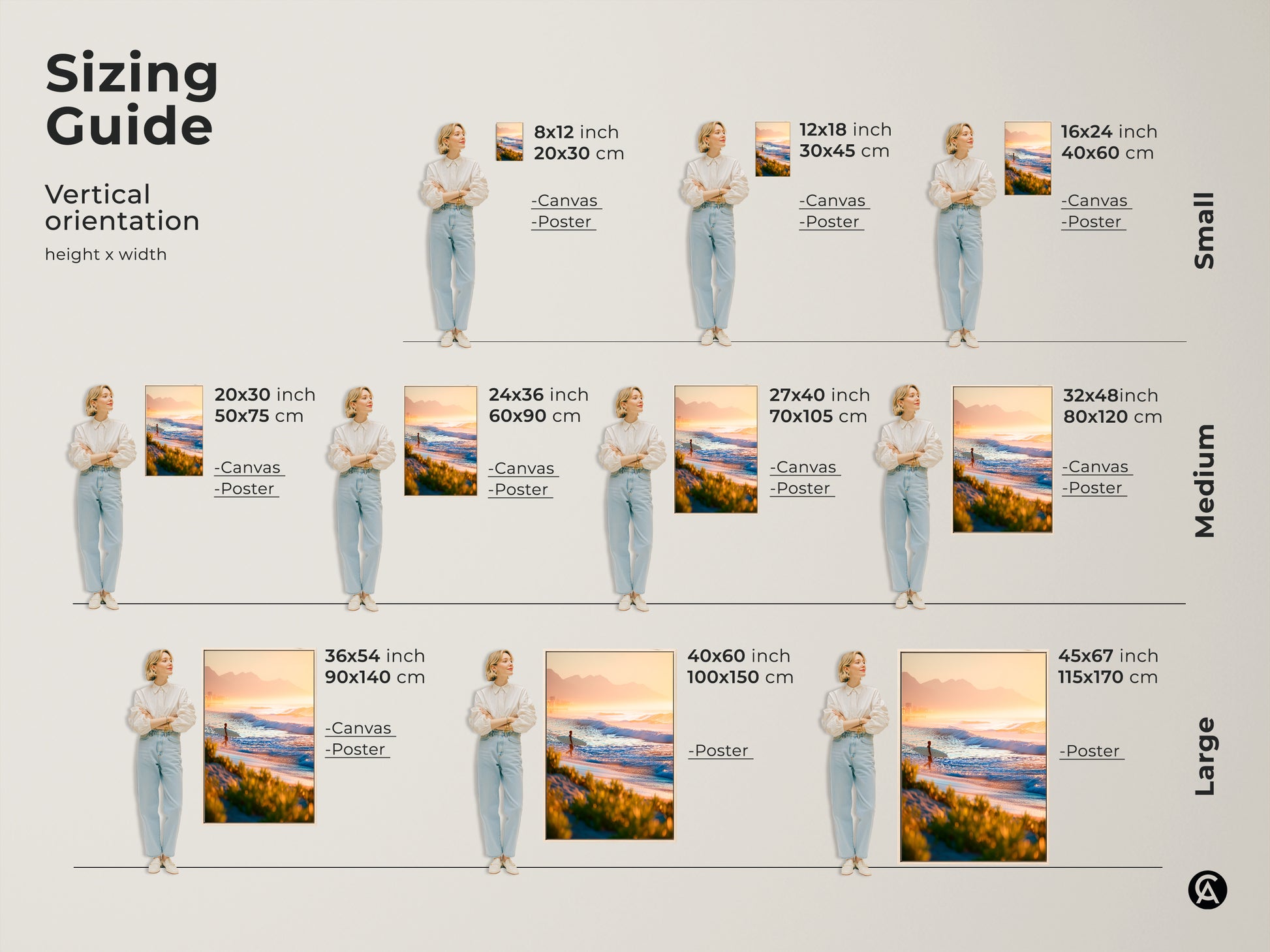 Sizing guide for vertical artwork. See how different sizes of canvas and posters look. Choose from small medium and large sizes. Find the perfect fit for your space. Visualize art sizes before you buy.