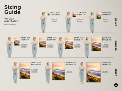 Sizing guide for vertical artwork. See how different sizes of canvas and posters look. Choose from small medium and large sizes. Find the perfect fit for your space. Visualize art sizes before you buy.