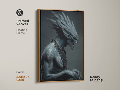 This framed canvas features a floating frame. It showcases a blue alien warrior with elaborate tattoos and a beaded necklace. The antique gold frame enhances the artwork's depth. It is ready to hang bringing sci-fi art to your walls.