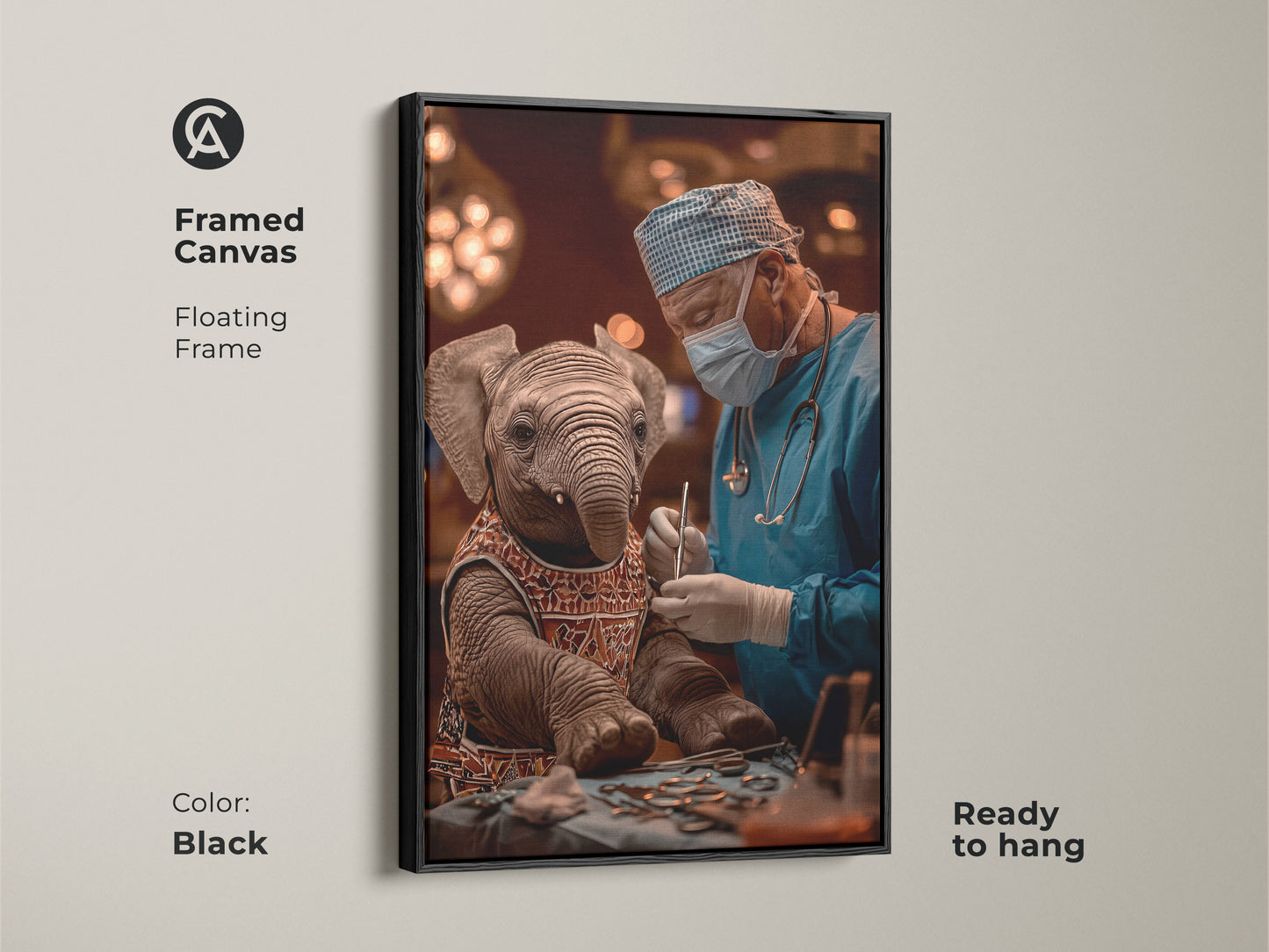 An Elephant Surgeon Framed Canvas in a black floating frame. It's a ready to hang piece of surreal medical art. Ideal as veterinary office decor or a unique gift for animal lovers. The art features a blue and brown animal canvas with quirky surgery artwork. Great art for eclectic homes or as office art.