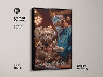 An Elephant Surgeon Framed Canvas in a black floating frame. It's a ready to hang piece of surreal medical art. Ideal as veterinary office decor or a unique gift for animal lovers. The art features a blue and brown animal canvas with quirky surgery artwork. Great art for eclectic homes or as office art.