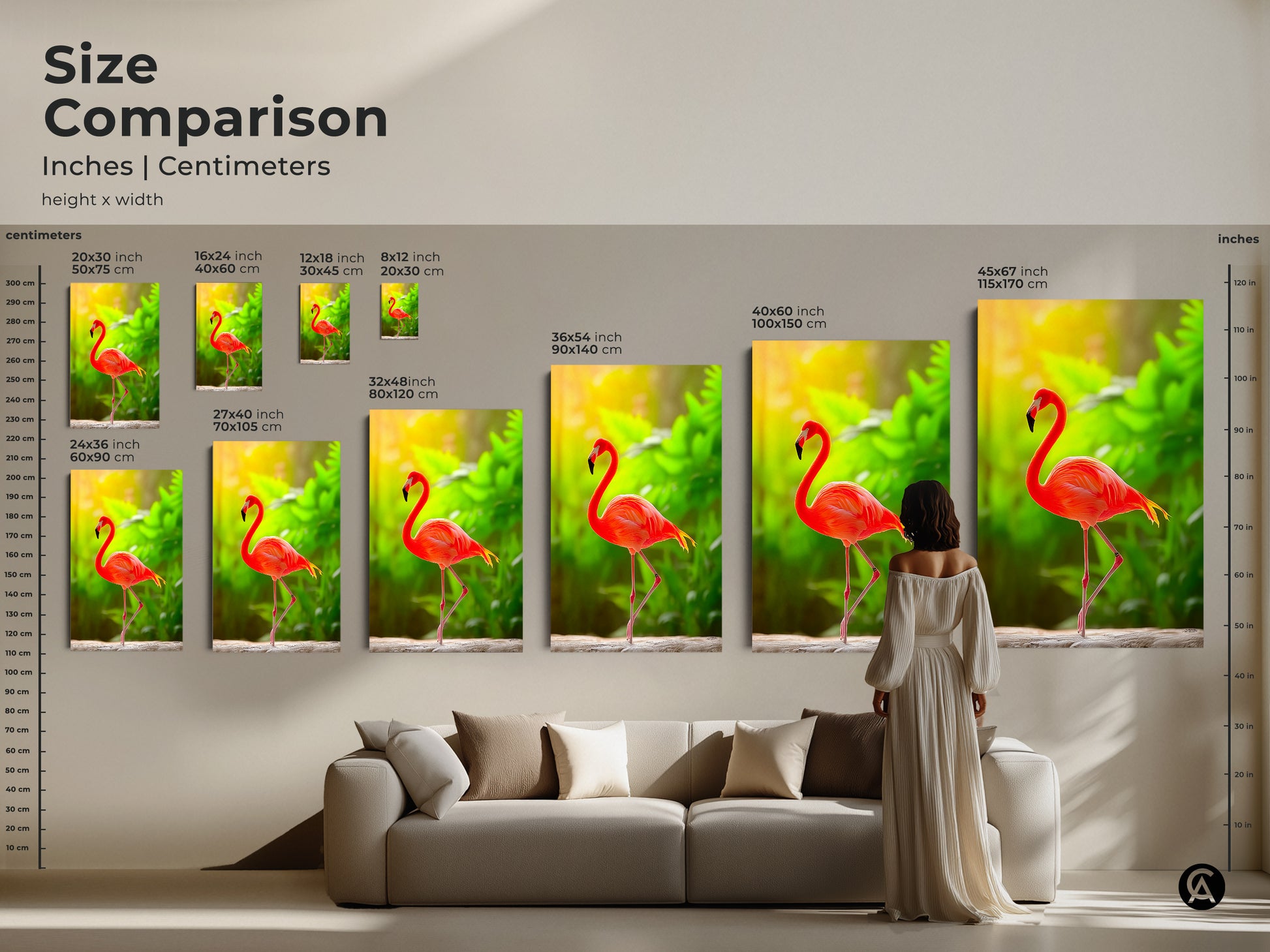 Size comparison for flamingo artwork. See how different sizes look above a sofa. Choose from 20x30 to 45x67 inches. Visualize the impact of each size. Find the perfect dimensions for your living room. Transform your space with the right artwork.