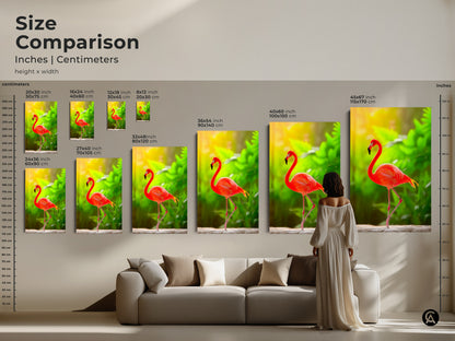 Size comparison for flamingo artwork. See how different sizes look above a sofa. Choose from 20x30 to 45x67 inches. Visualize the impact of each size. Find the perfect dimensions for your living room. Transform your space with the right artwork.