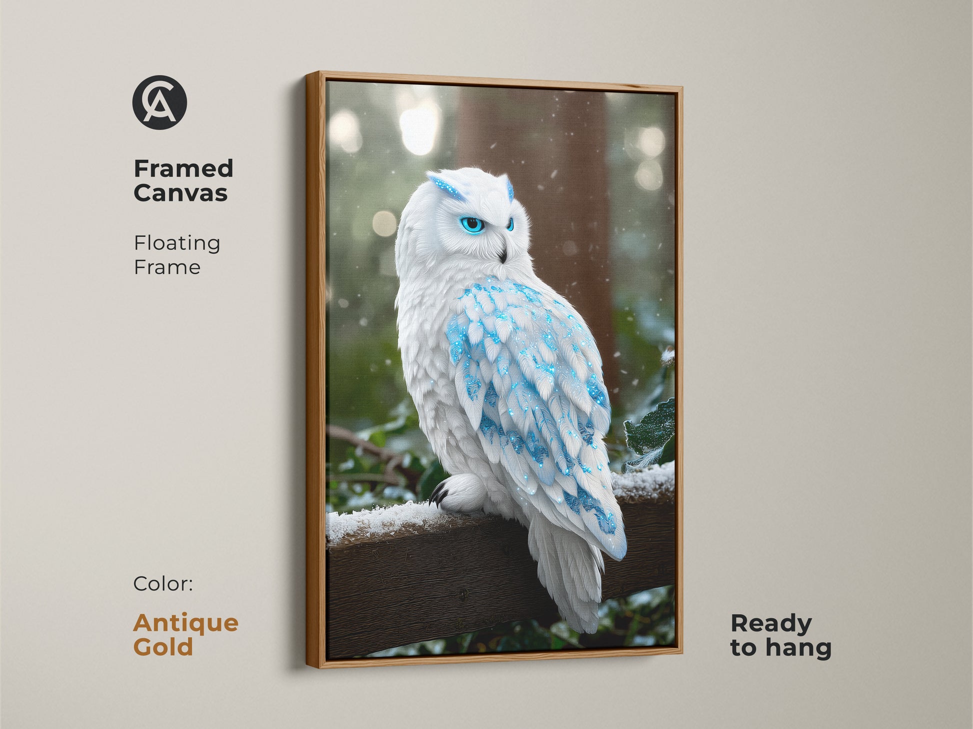 Antique gold framed canvas featuring fantasy snowy owl. Blue crystal feathers accent this winter forest scene. Ready to hang this arctic owl painting makes great wildlife wall decor. It is a cool toned artwork.