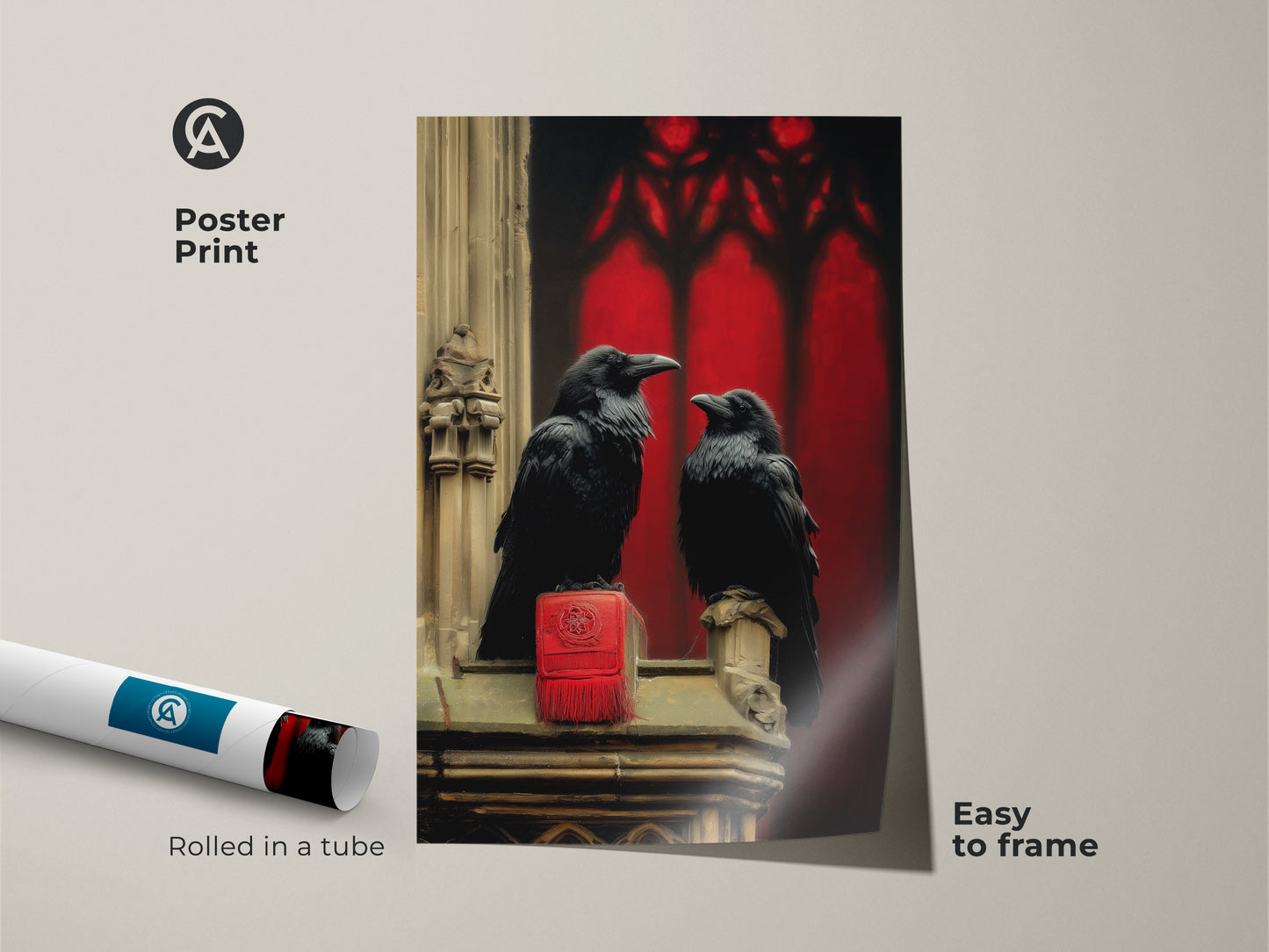 Poster print showcasing Gothic Raven Wall Art. The artwork is rolled in a tube and easy to frame. This burgundy black gothic art is a unique dark academia art option for scholarly home decor