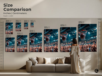 Size comparison of basketball art prints in inches and centimeters. Visualize how different sizes fit above a sofa. Choose from various dimensions to suit your space. Elevate your home with this unique sports artwork.