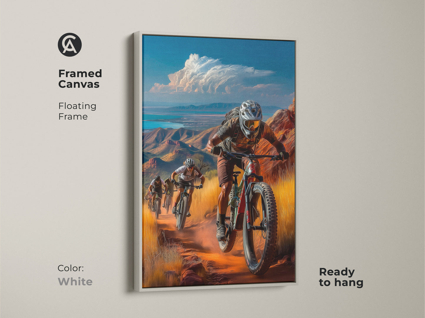 Framed white canvas featuring contemporary landscape art. Ideal for adding a fresh and modern touch to your decor. Showcase your passion for adventure with this stunning outdoor cycling canvas.