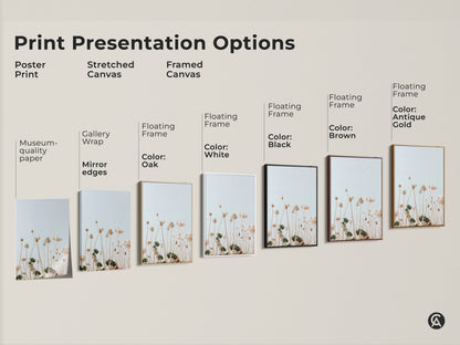 Explore presentation options for minimalist wildflower art. Choose from poster prints stretched canvases and framed artwork. Each piece brings a boho botanical touch. Select the perfect style to enhance your bedroom decor. Find the ideal art for plant lovers and elevate your home or office.