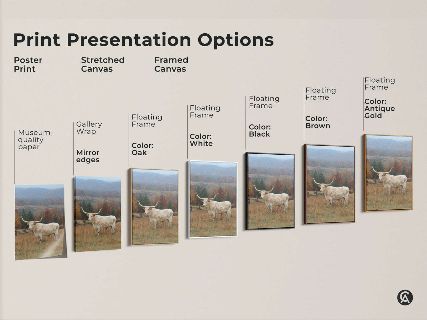 Print presentation options for Longhorn artwork. Choose from poster prints stretched canvas and framed canvas. Available with gallery wrap museum-quality paper mirror edges and floating frames in various colors. Find the perfect style.