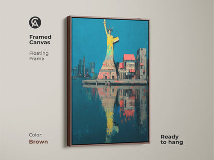 Framed Statue of Liberty canvas art. Showcasing an abstract New York skyline in a brown floating frame. The yellow blue and teal artwork is ready to hang. This contemporary urban artwork adds a touch of sophistication to any space. A perfect gift for New York expat.