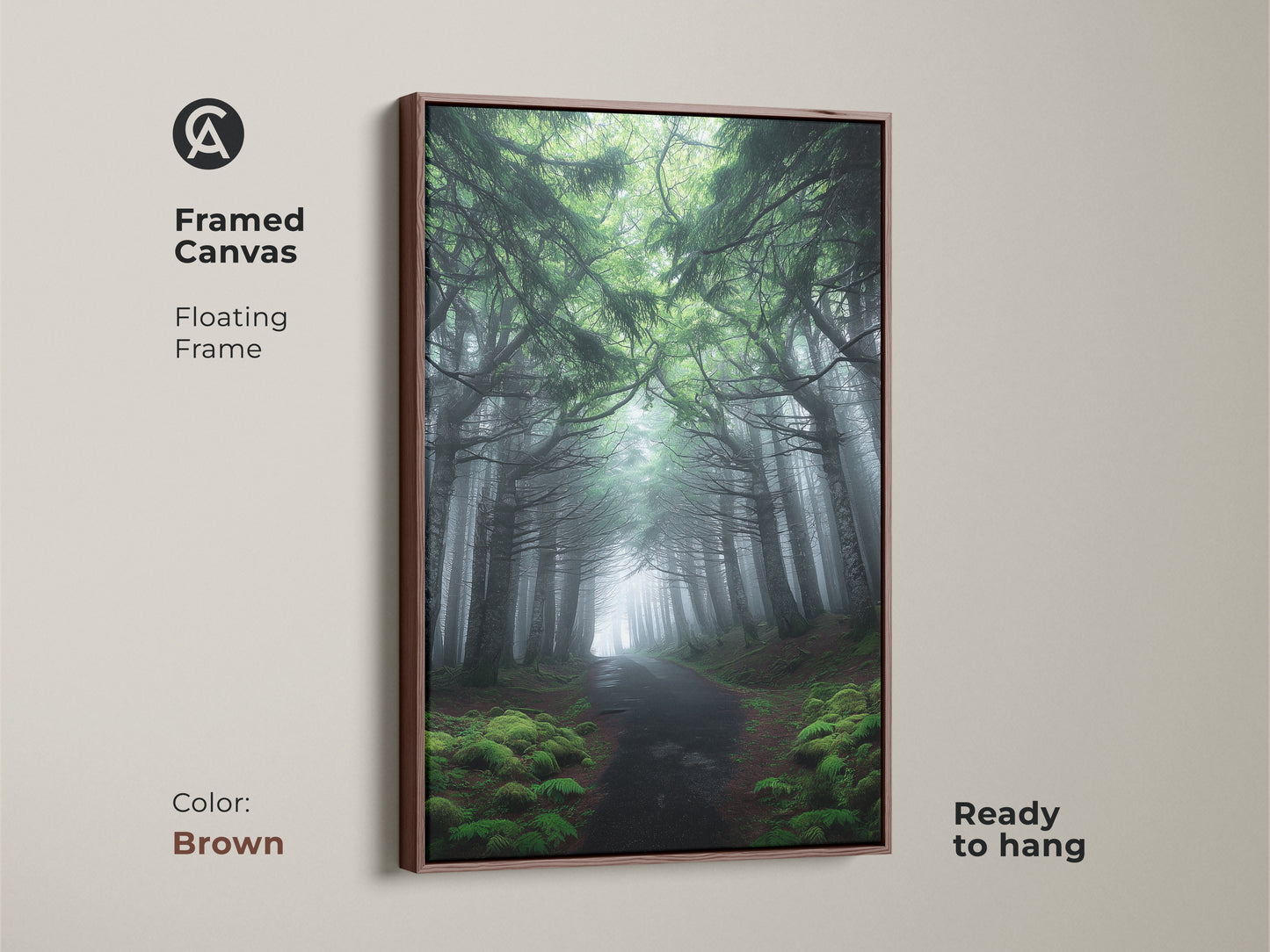 Framed canvas art showcasing a misty forest path. Brown floating frame complements the emerald green pine trees. Ready to hang this rustic artwork enhances any room. It's a thoughtful housewarming gift for nature lovers. The foggy woods wall hanging adds depth and warmth.