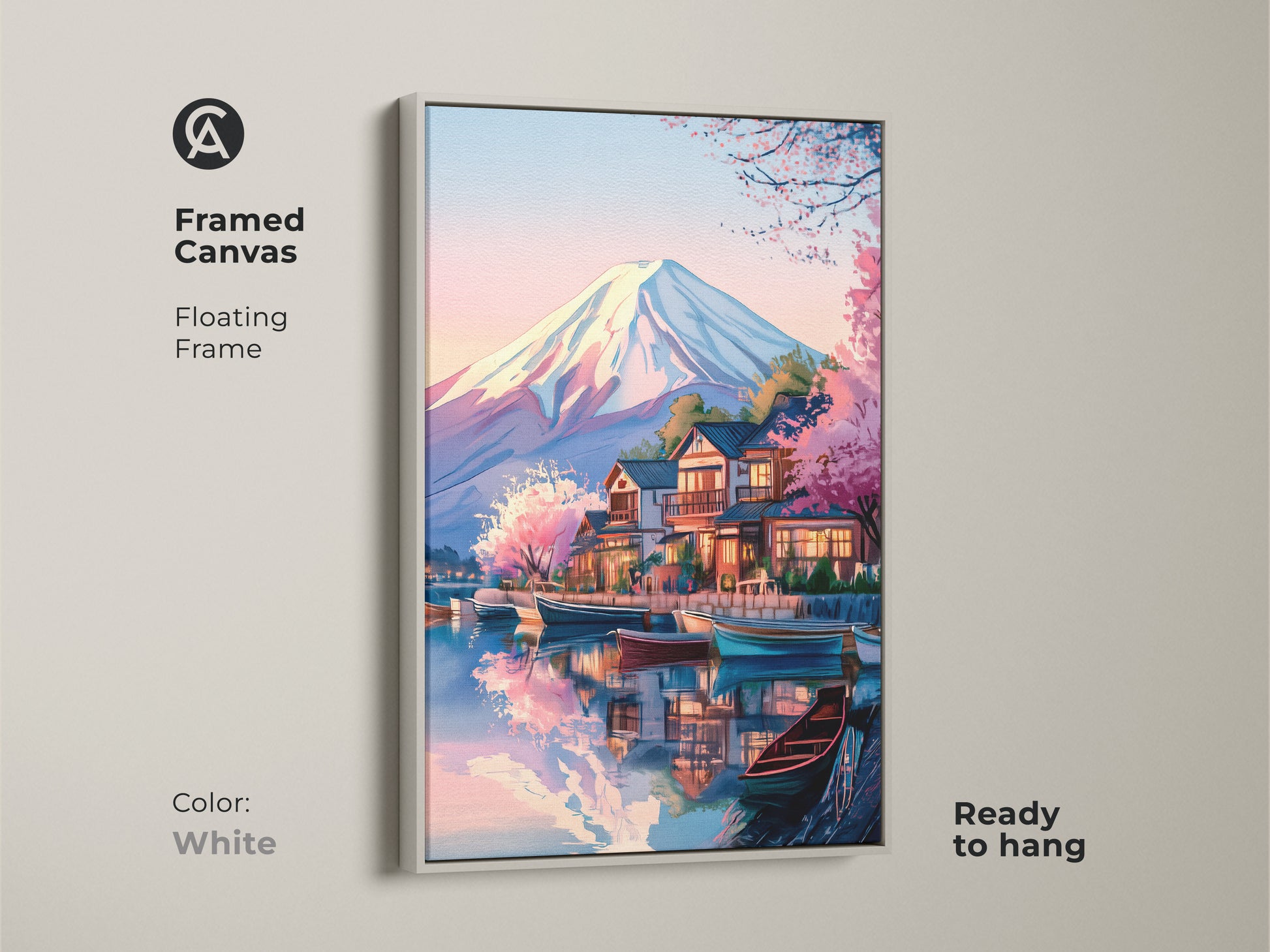 Framed canvas art of Mount Fuji featuring a floating white frame. The Ukiyo-e inspired Japanese landscape includes boats and cherry blossoms. This ready-to-hang Japandi style decor provides asian inspired artwork. It enhances your living room or office.