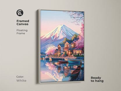 Framed canvas art of Mount Fuji featuring a floating white frame. The Ukiyo-e inspired Japanese landscape includes boats and cherry blossoms. This ready-to-hang Japandi style decor provides asian inspired artwork. It enhances your living room or office.