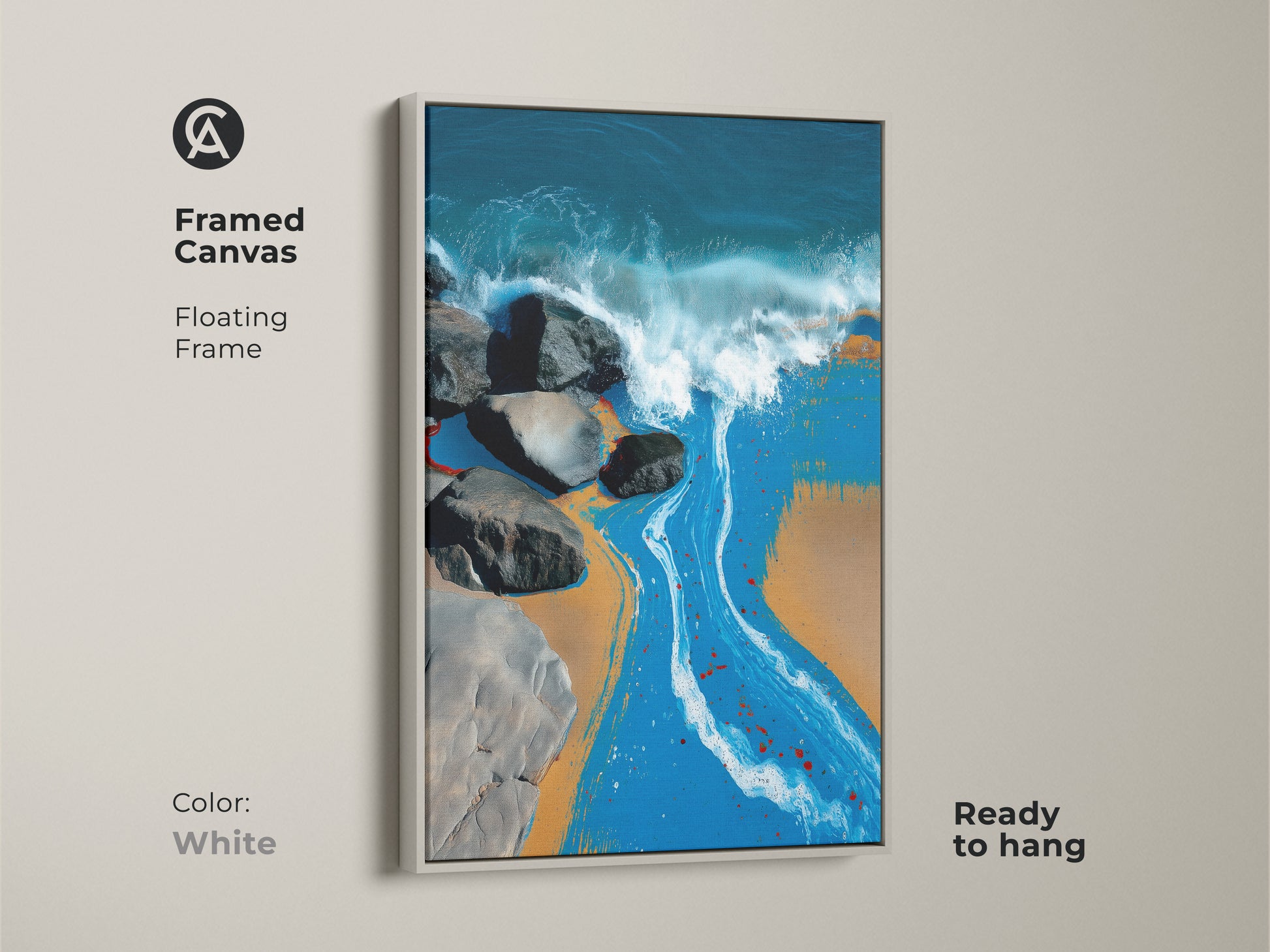 Framed canvas in white. This beach art captures crashing ocean waves. With deep blue teal and sandy tones it embodies a modern coastal style. Perfect as a housewarming gift for a beach lover.