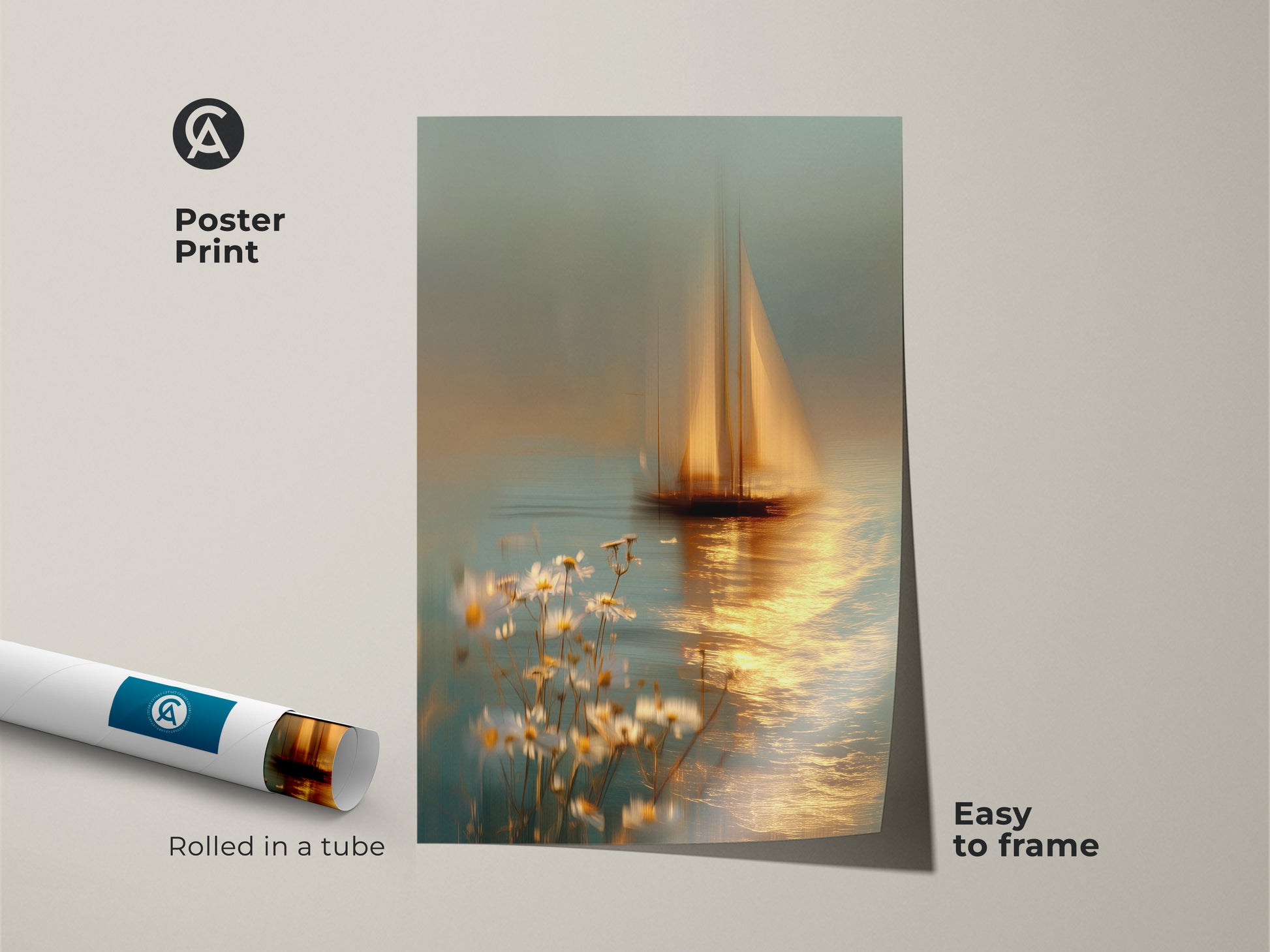 Poster print of a blue gold sailboat artwork with coastal daisies. This dreamy seascape canvas adds beauty to any room. Rolled in a tube and easy to frame. Perfect for nautical home decor. A great gift for any sailor or sea lover.