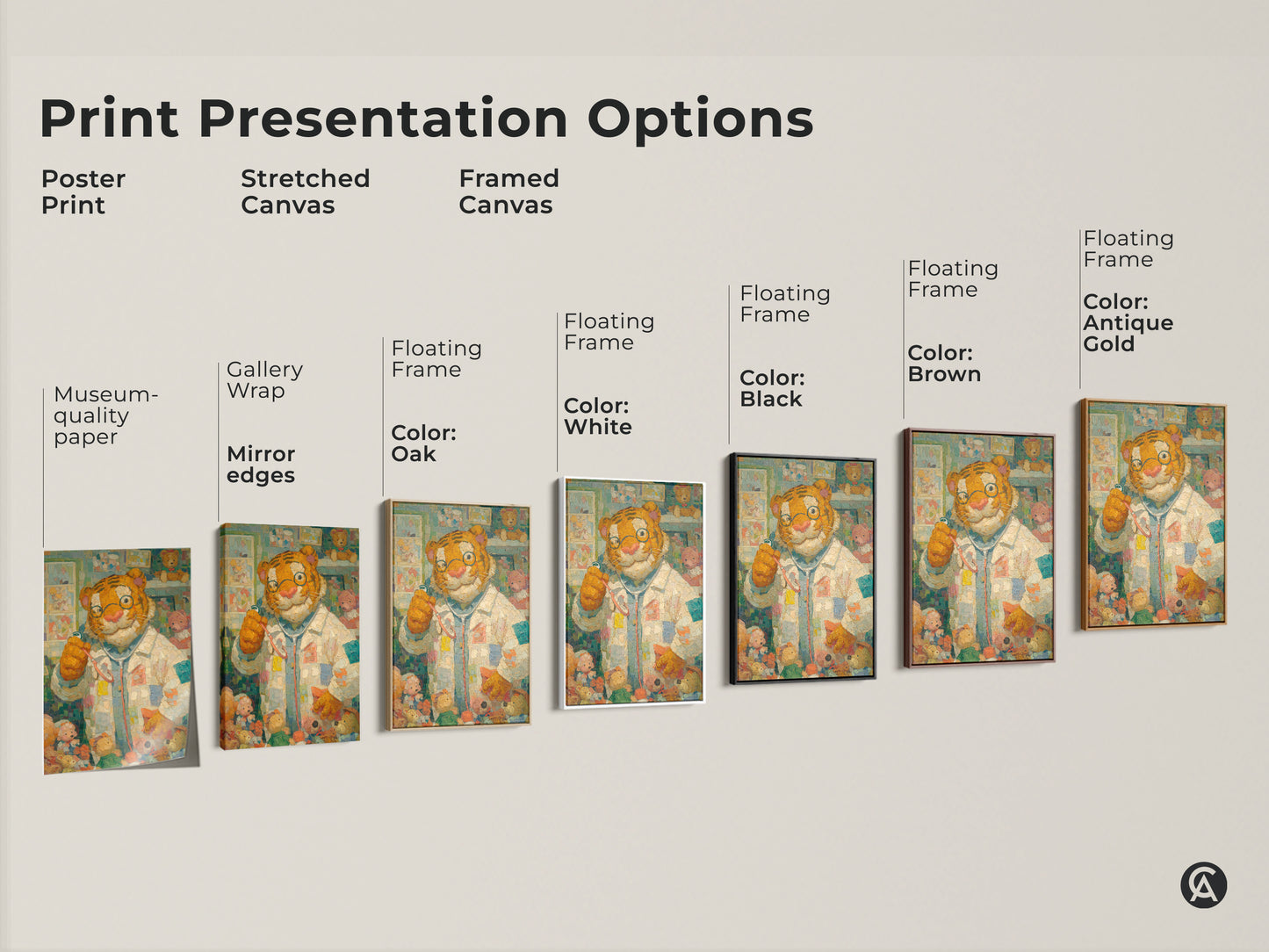 Explore print presentation options for the tiger doctor art. Choose from poster prints stretched canvas and framed canvas. Find the perfect style for your space. Options include black brown antique gold and white frames. Get yours now