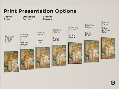 Explore print presentation options for the tiger doctor art. Choose from poster prints stretched canvas and framed canvas. Find the perfect style for your space. Options include black brown antique gold and white frames. Get yours now