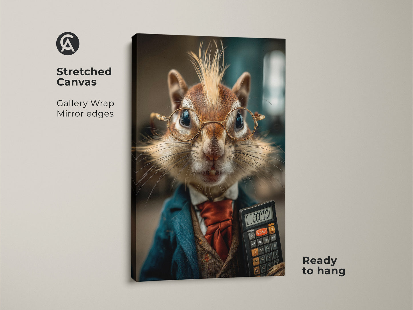 Stretched canvas art print featuring an anthropomorphic chipmunk. Gallery wrapped with mirror edges. This business professional art is ready to hang. Buy this teal blue office wall art print today.