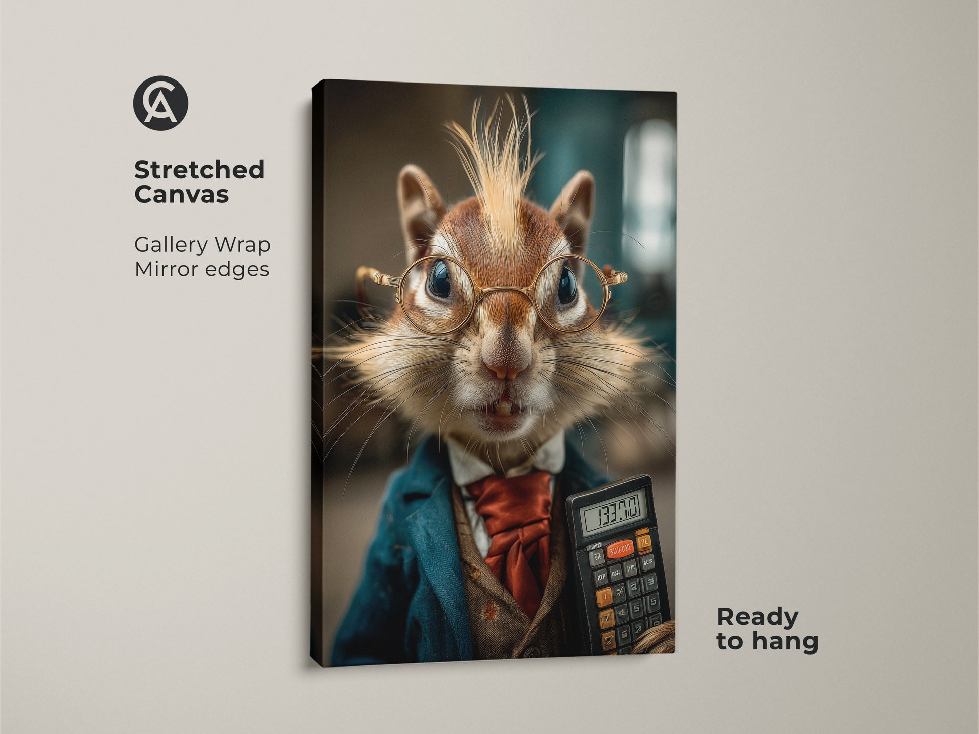Stretched canvas art print featuring an anthropomorphic chipmunk. Gallery wrapped with mirror edges. This business professional art is ready to hang. Buy this teal blue office wall art print today.