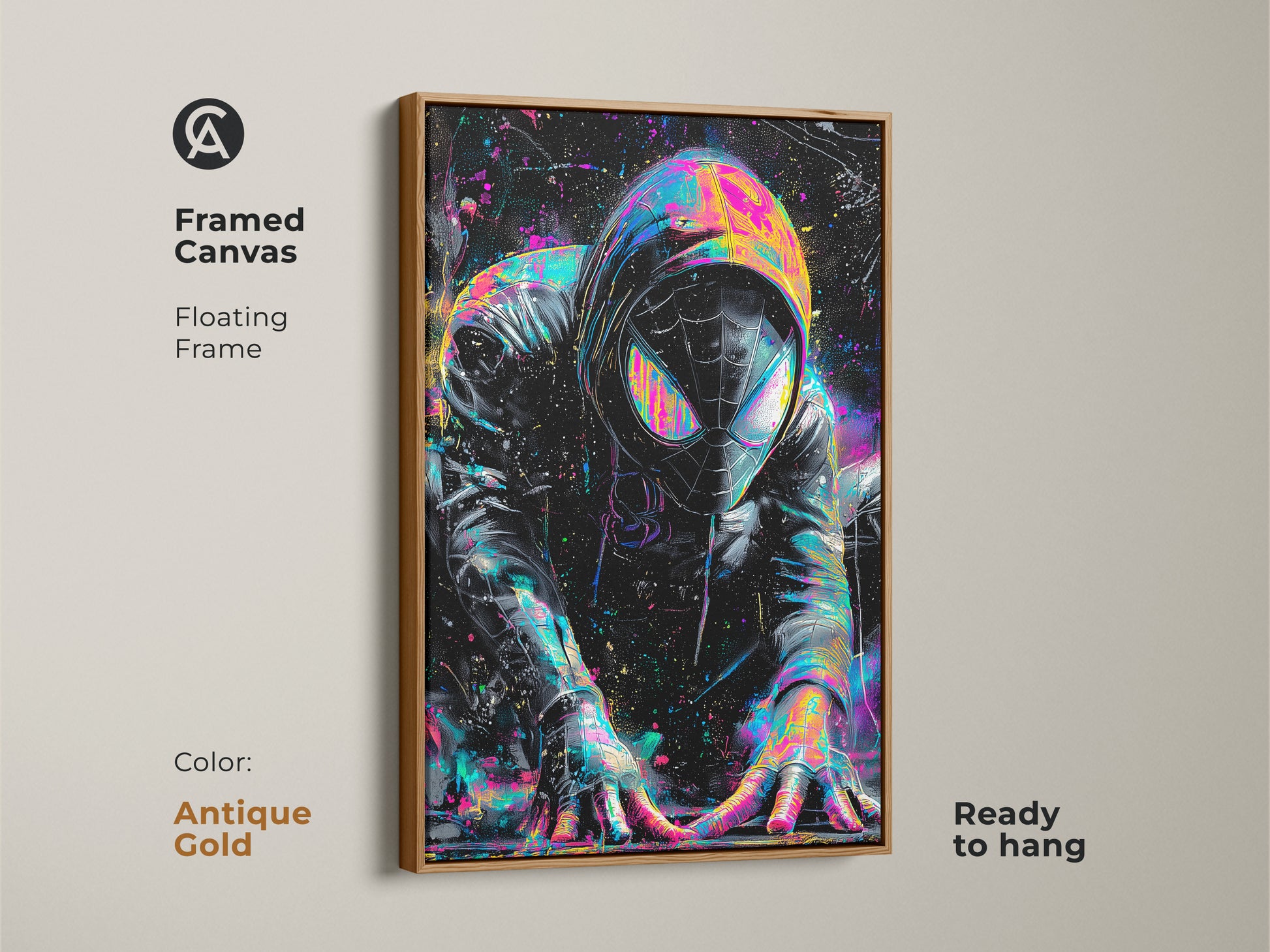 Framed canvas art of a comic book superhero. The floating frame is antique gold and ready to hang. This colorful artwork is perfect for a kids room or home theater. The gold frame adds a vintage touch.