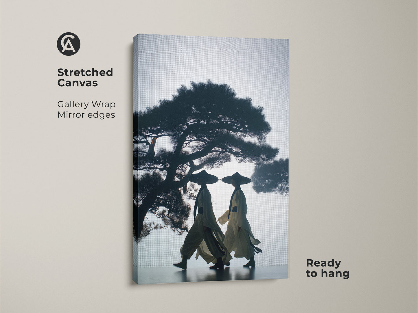 Stretched canvas art of silhouetted figures and a pine tree. This Japandi wall art offers a gallery wrap with mirrored edges. The dark blue beige canvas print is ready to hang perfect as a housewarming gift with cultural art.