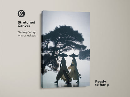 Stretched canvas art of silhouetted figures and a pine tree. This Japandi wall art offers a gallery wrap with mirrored edges. The dark blue beige canvas print is ready to hang perfect as a housewarming gift with cultural art.
