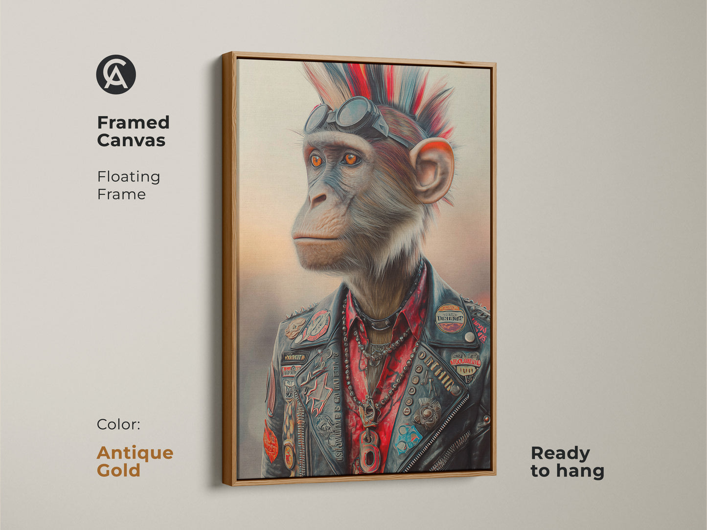Framed canvas showcases rock and roll chimpanzee art. The punk animal wall art features a floating antique gold frame. A leather jacket monkey brings eclectic style. This is a perfect music lover gift ready to hang. Alternative animal artwork for home decor