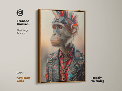 Framed canvas showcases rock and roll chimpanzee art. The punk animal wall art features a floating antique gold frame. A leather jacket monkey brings eclectic style. This is a perfect music lover gift ready to hang. Alternative animal artwork for home decor