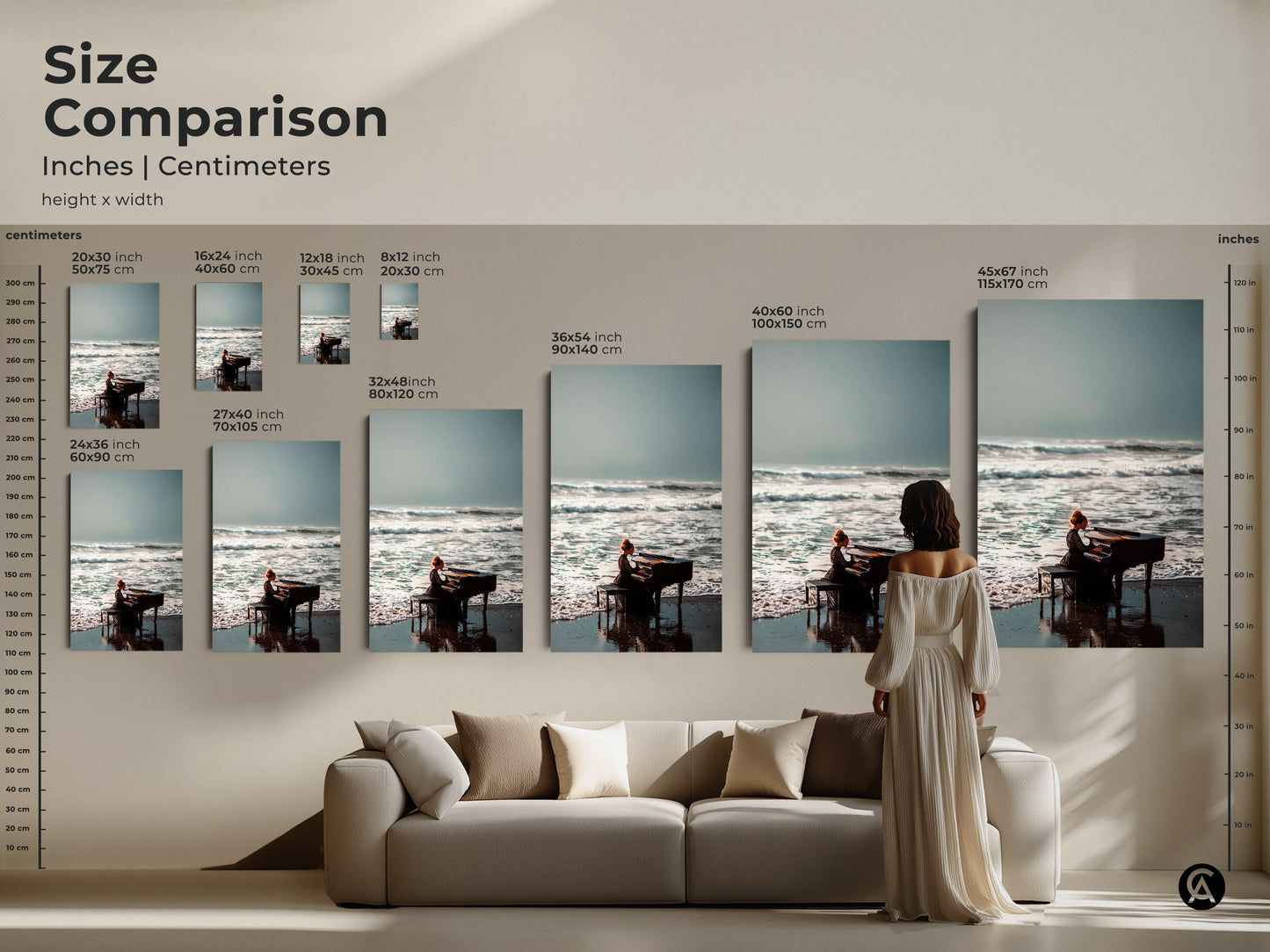 Size comparison of beach piano art in various dimensions. View the artwork in inches and centimeters. See how different sizes fit above a sofa. Sizes range from 8x12 to 45x67 inches. Find the ideal size to transform your living space.