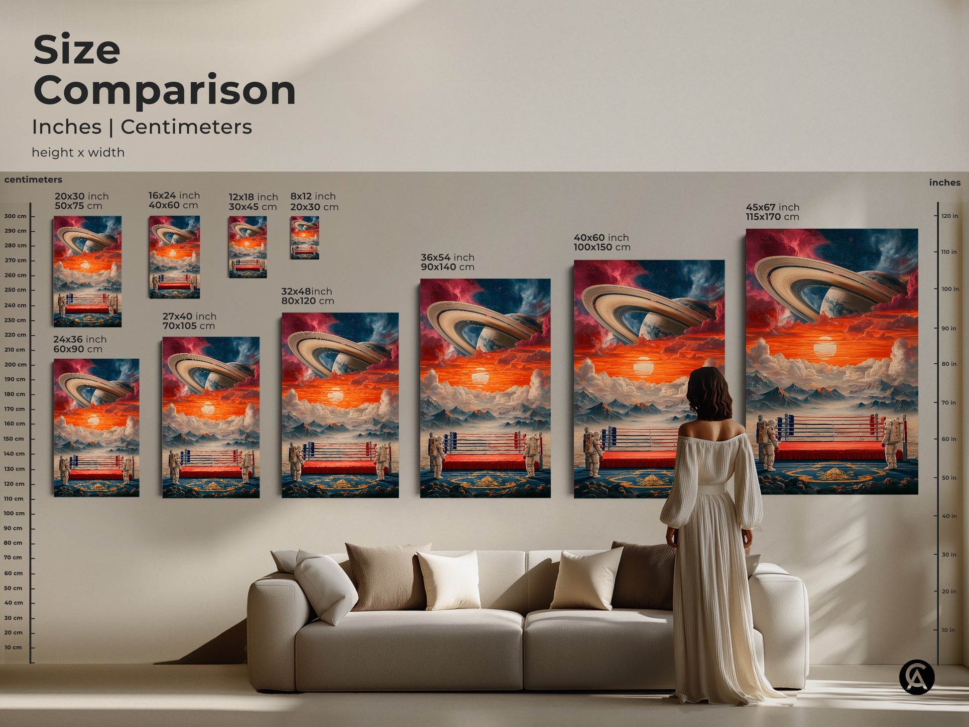 Size comparison of astronaut boxing ring artwork in inches and centimeters. A person stands in front of various sizes of the canvas art above a couch. Sizes range from small to large canvas prints.
