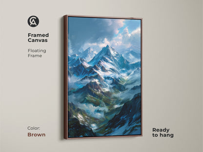 Framed canvas mountain artwork with a brown floating frame. The painting features snow-covered mountains and a cloudy sky. This framed art is ready to hang. A great choice for living room decor.
