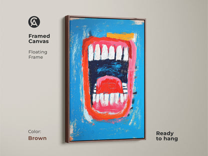 Framed canvas showcasing a mouth artwork. The canvas is set in a stylish brown floating frame. The artwork has a bright blue background and a vivid red mouth. This framed art is ready to hang and enhances any decor.