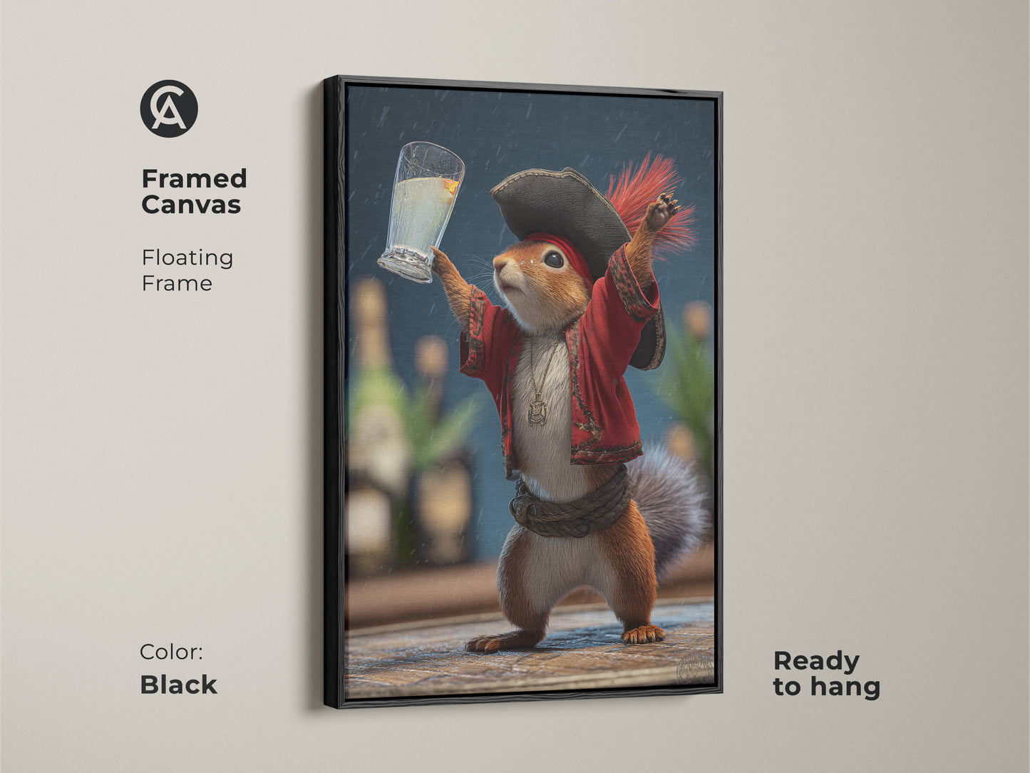 Framed canvas with a floating frame showcasing pirate squirrel art. The funny animal drinking artwork adds an eclectic touch to any room. Ready to hang it provides a unique gift for animal lovers seeking quirky home wall hangings.