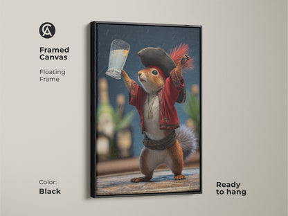 Framed canvas with a floating frame showcasing pirate squirrel art. The funny animal drinking artwork adds an eclectic touch to any room. Ready to hang it provides a unique gift for animal lovers seeking quirky home wall hangings.