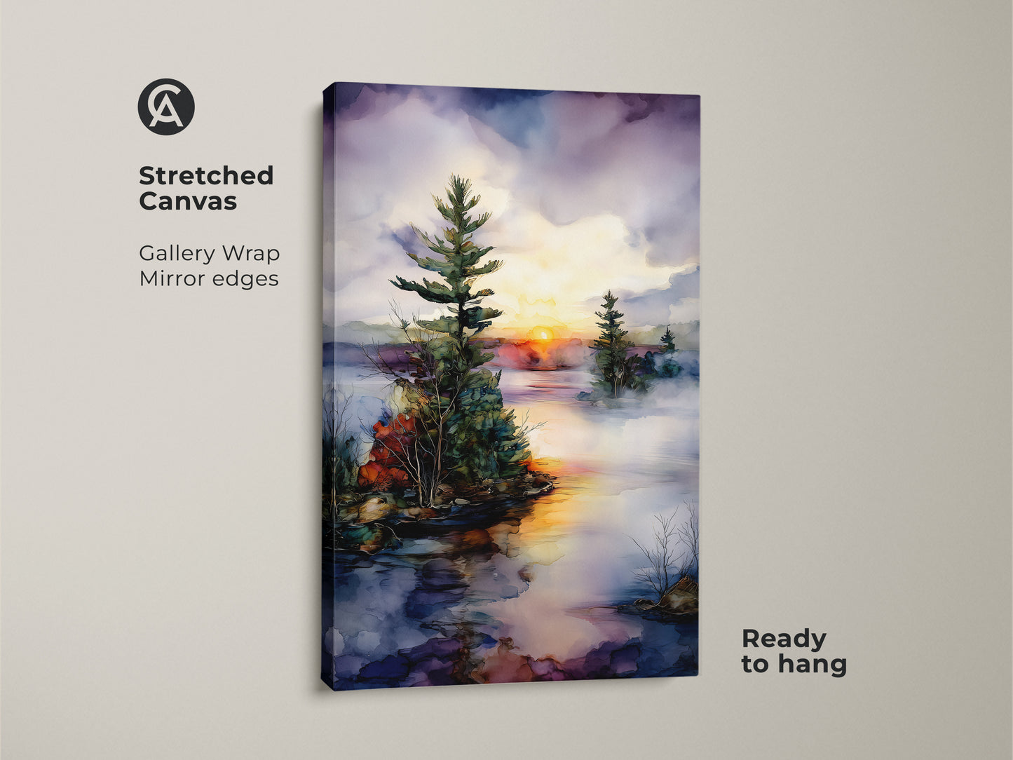 Gallery wrapped stretched canvas featuring a watercolor pine tree on a misty lake at sunset. This rustic landscape art brings nature into your home. Ready to hang for easy nature home decor.