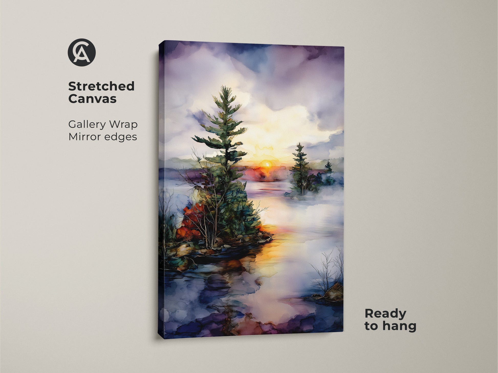 Gallery wrapped stretched canvas featuring a watercolor pine tree on a misty lake at sunset. This rustic landscape art brings nature into your home. Ready to hang for easy nature home decor.