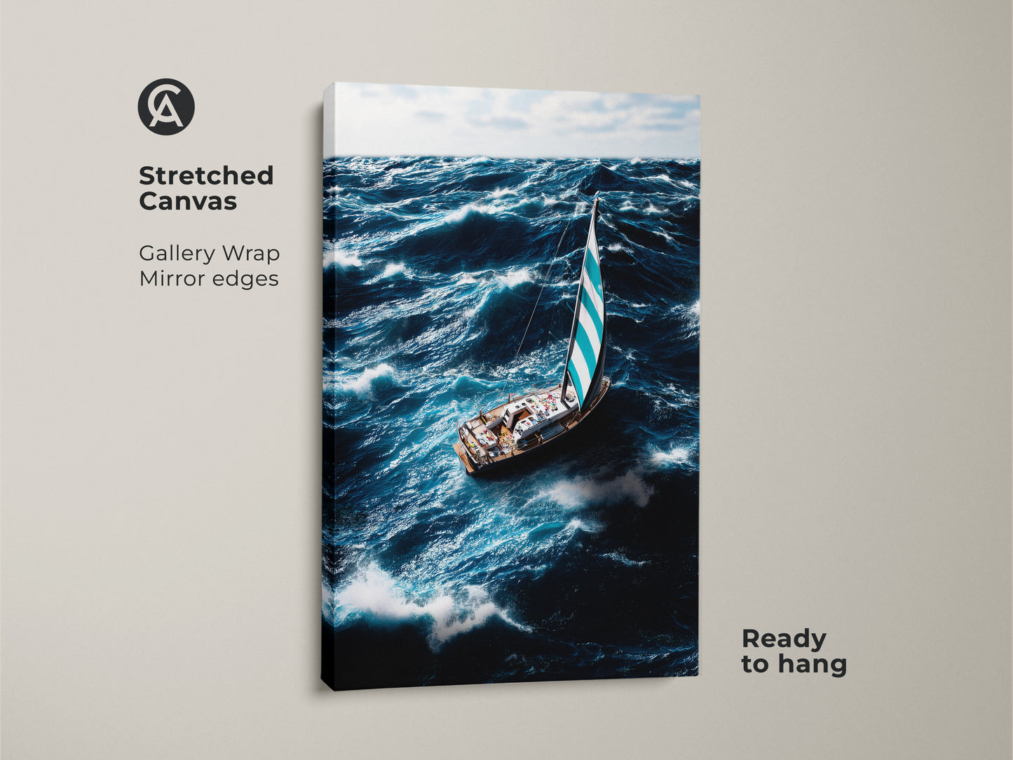 Stretched canvas gallery wrap print of a nautical sailboat. The art shows ocean waves and deep blue teal colors. The mirror edges enhance this coastal home decor art. Ready to hang this sailing boat wall hanging in your home. Perfect gift for sailors.