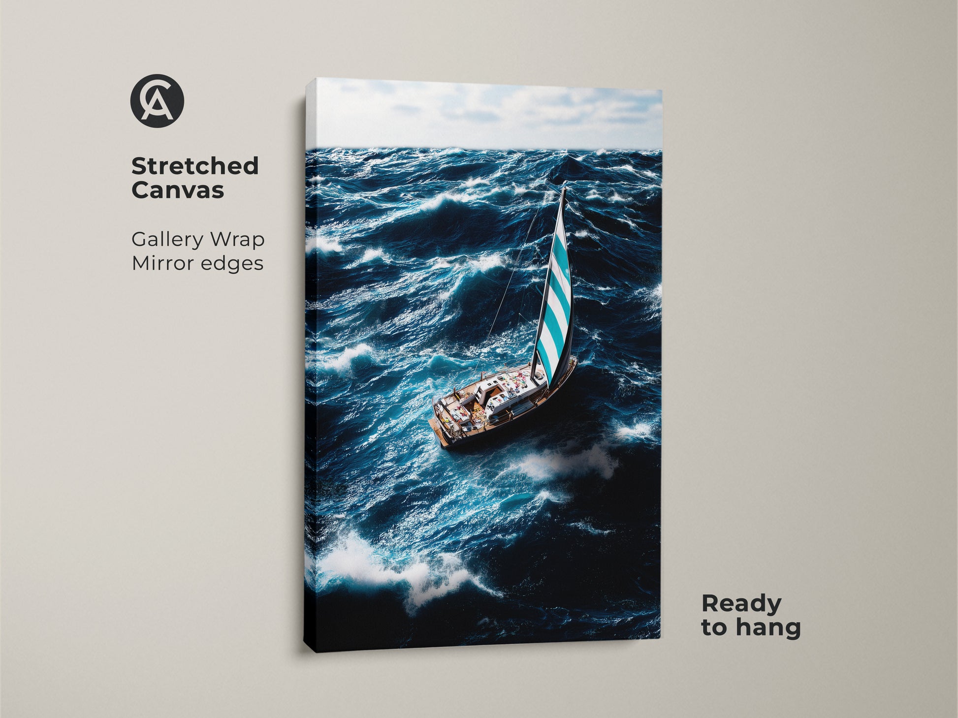 Stretched canvas gallery wrap print of a nautical sailboat. The art shows ocean waves and deep blue teal colors. The mirror edges enhance this coastal home decor art. Ready to hang this sailing boat wall hanging in your home. Perfect gift for sailors.