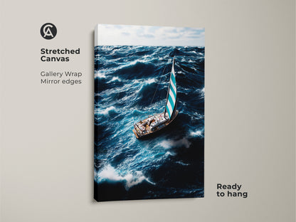 Stretched canvas gallery wrap print of a nautical sailboat. The art shows ocean waves and deep blue teal colors. The mirror edges enhance this coastal home decor art. Ready to hang this sailing boat wall hanging in your home. Perfect gift for sailors.
